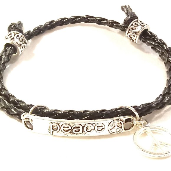 Peace Sign Black Leather Wrap Bracelet - Picture 2 of 8